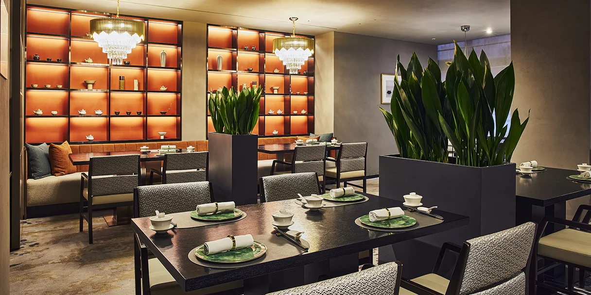 The restaurant's softly illuminated private dining room at Haobin