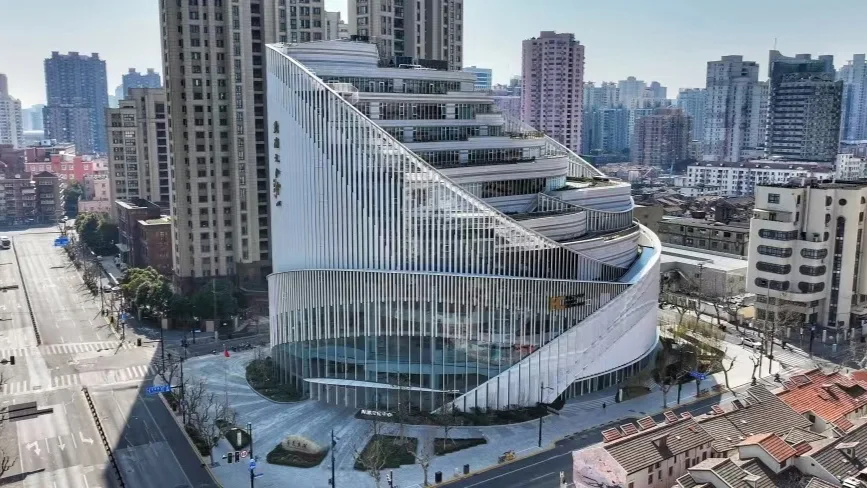 The cultural centre's layered contemporary facade at Huangpu Cultural Centre