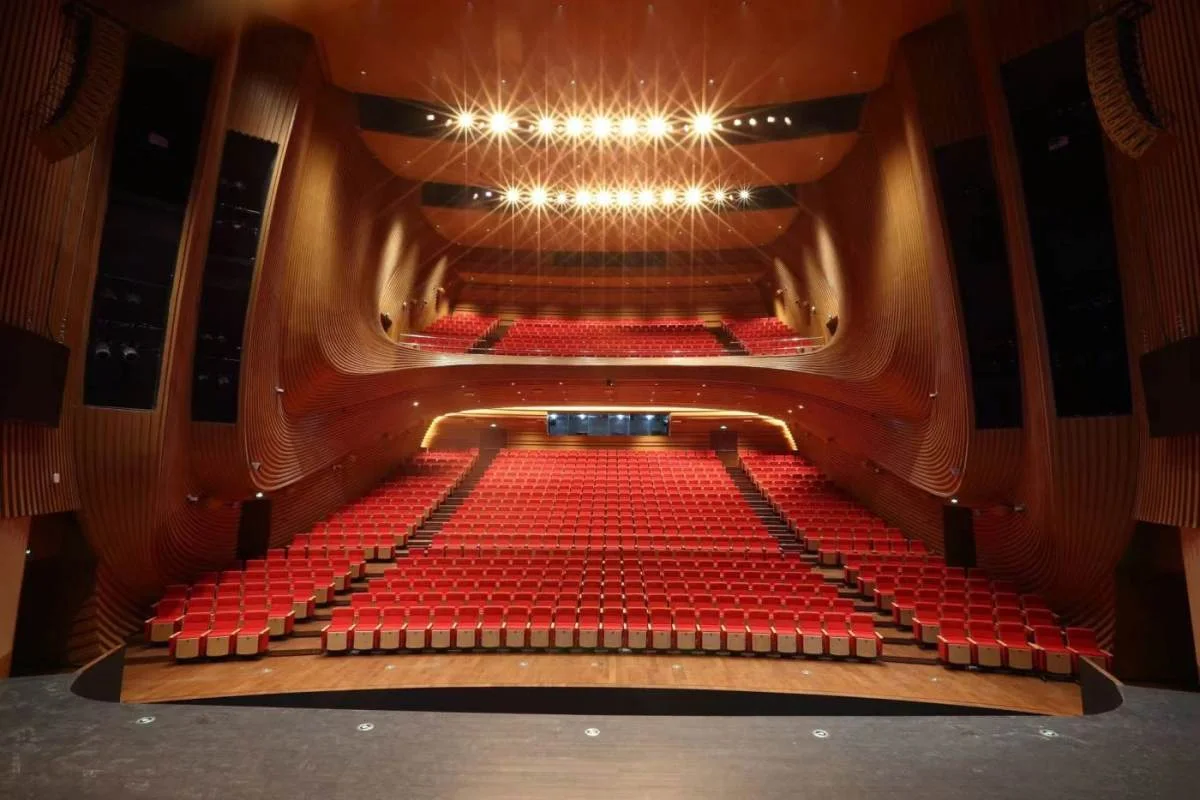 Theatre YOUNG: red seating and sculptural wooden walls inside the auditorium