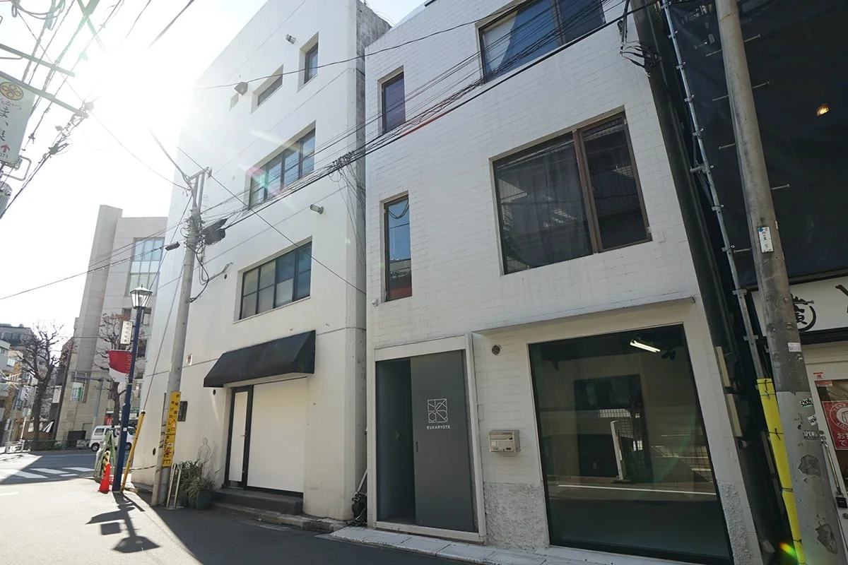 Eukaryote: the gallery's white street facade and ground-floor entrance