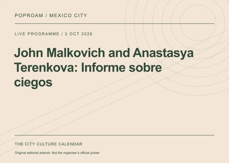 Original editorial programme artwork for John Malkovich and Anastasya Terenkova: Informe sobre ciegos. This is not the organiser’s official poster.